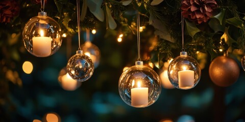 A backdrop with hanging glass ornaments reflecting the light of nearby candles, creating a warm holiday glow