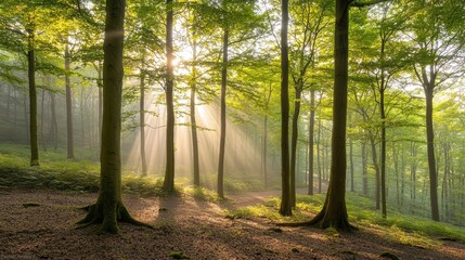 Serene Sunlight Streaming Through Lush Green Forest Canopy with Misty Atmosphere, Capturing the Beauty of Nature in a Tranquil Woodland Setting