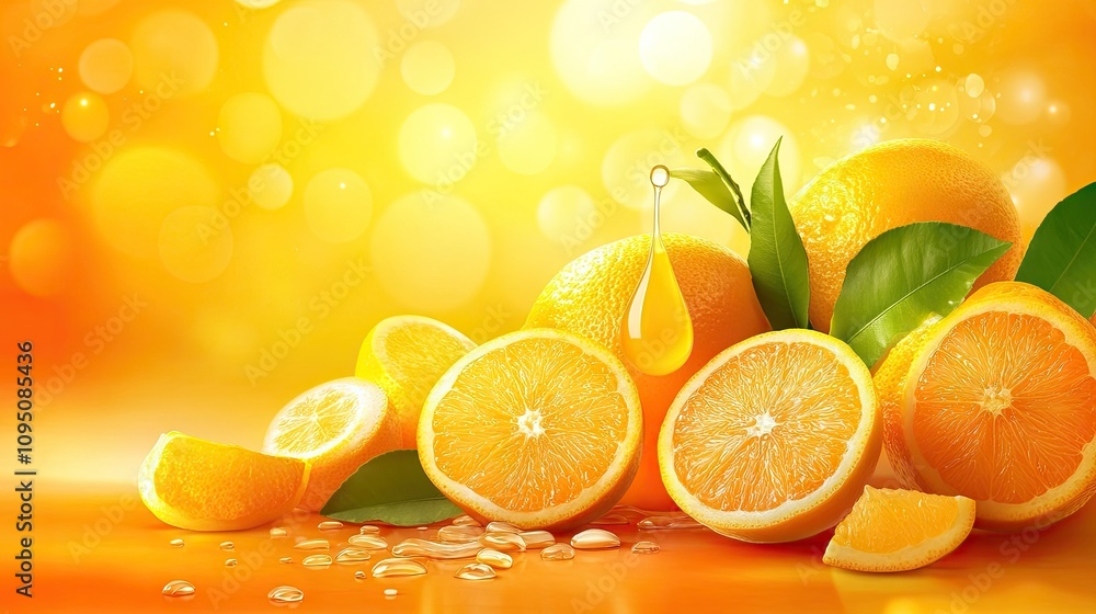 Poster fresh oranges with juicy slices surrounded by bright yellow background and sparkling bokeh light cre