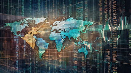 Obraz premium creative collage depicting finance and world with currency quotes on the stock exchange and computer programs