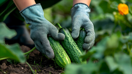 Gardener holds ripe tomatoes in gloved hands, goof for promoting organic produce, seasonal harvests, and home gardening, and healthy eating concepts. Hands in gardening gloves holding fresh tomatoes
