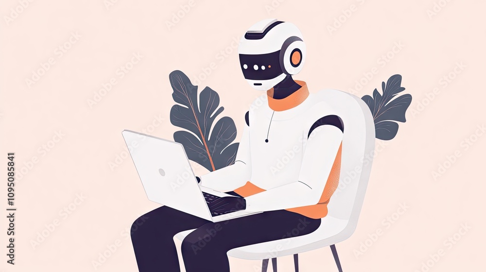 Poster modern artificial intelligence concept represented by robot working on laptop in minimalist workspac