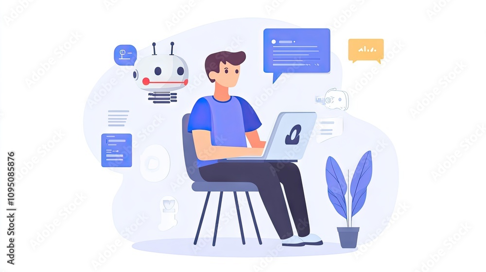 Poster young man working on laptop surrounded by digital interfaces and illustrations of automation and com