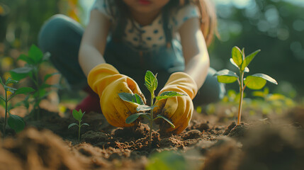 Close-up of children's hands planting a small green plant in soil, perfect for gardening campaigns, environmental education, and sustainability projects. ids' hands nurturing young plant in the earth