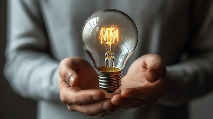 Close up of a mans hand holding a light bulb icon