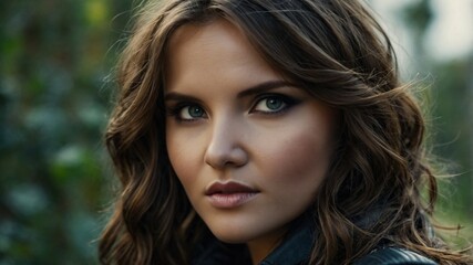 Close-up portrait of a woman with wavy brown hair and piercing eyes, looking intense and confident in an outdoor setting.
