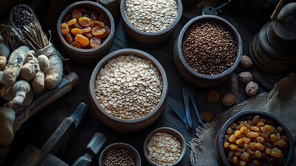 A vibrant overhead shot of molasses, whole oats, cornmeal, and dried fruits in vintage containers, with scattered baking tools and a rustic tablecloth creating a traditional, nostalgic atmosphere,