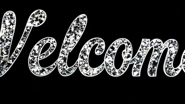 Silver bedazzled 3d letters "Welcome" on black alpha key background. Typographic sign made of rhinestones, shiny gemstones. Premium design symbolizing hospitality and appreciation.