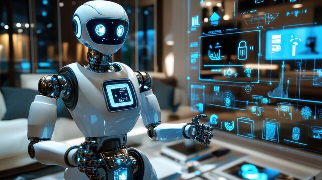 A futuristic AI-powered robotic assistant in a high-tech home, controlling various smart devices. The robot monitors energy consumption, manages security systems.