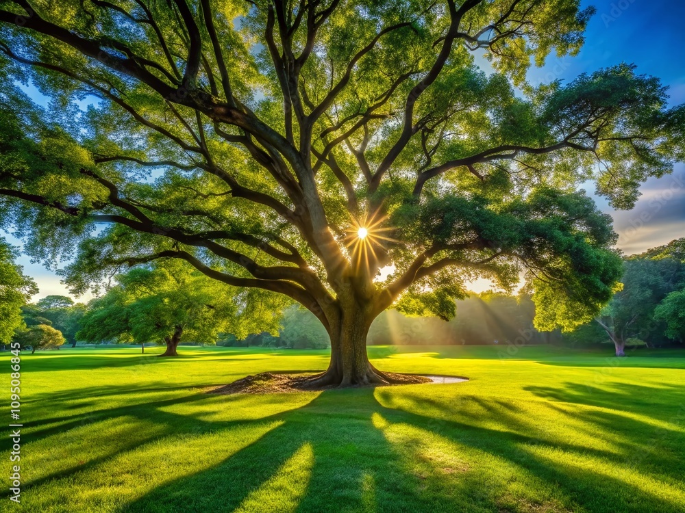 Poster serene park with sunlight filtering through a large tree, casting soft shadows on lush green grass, 