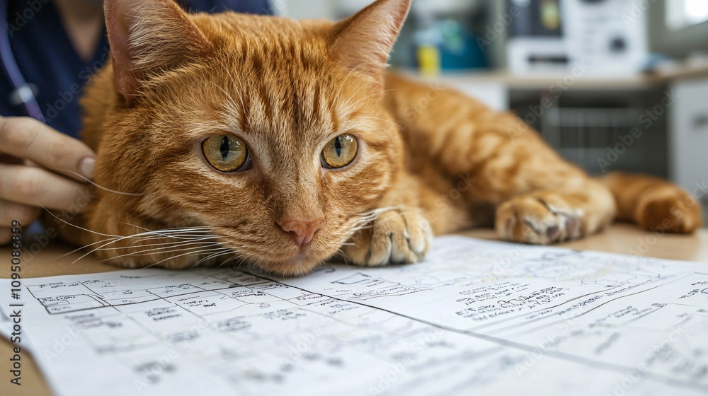 Poster veterinarian pointing to a chart while explaining a treatment plan with the pet nearby stock photo w