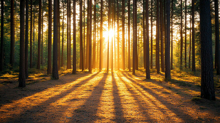 Fototapeta premium serene forest scene with sunlight streaming through tall pine trees, casting long shadows on ground. warm glow creates peaceful atmosphere