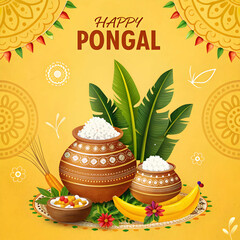 A vibrant yellow background for Happy Pongal festival captures traditional elements like kolams