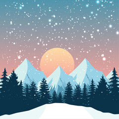 
Winter mountains in snowy weather. Winter landscape of a forest against a background of mountains and snow. Winter nature vector illustration for Christmas design. Hike concept. flat lay design