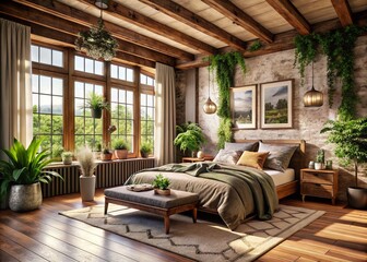 Fototapeta premium Serene Rustic Bedroom with Natural Light and Exposed Wood Beams, Perfect for Urban Exploration Photography, Featuring Cozy Decor and Tranquil Ambiance