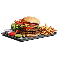 Juicy double patty burger with all the fixings, served with golden fries and dipping sauces. Delicious!