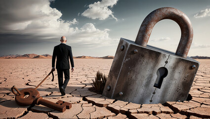 Man in suit holding key near giant padlock on desert ground