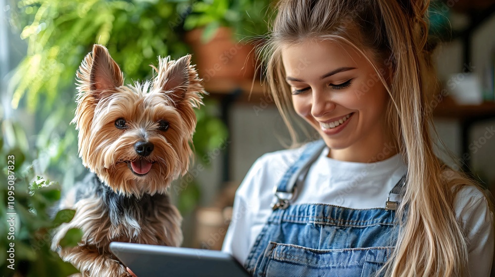 Poster veterinarian explaining diagnostic results to a pet owner with a tablet in hand stock photo with sid