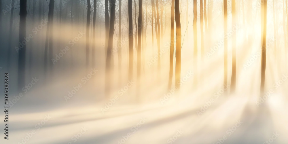 Poster misty forest at dawn with layers of fog drifting through tall trees, creating serene and ethereal at