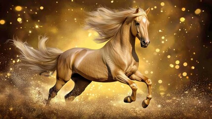 Naklejka premium Majestic Golden Horse Galloping in a Glittering Landscape with Sparkling Lights and a Warm Glowing Background, Symbolizing Freedom and Grace