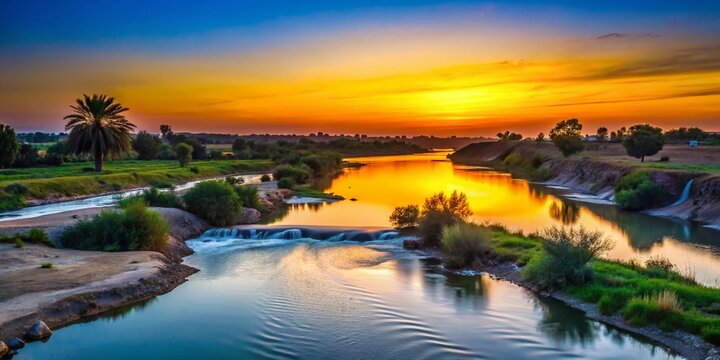 Serene Silhouette of Tigris River's Source Near Kirkuk, Iraq at Dusk &ndash; Capturing Nature's Tranquility and Majestic Landscape in an Artistic Light