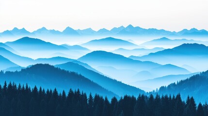 Obraz premium Serene Mountain Landscape with Mist and Hazy Blue Tones Captured in Early Morning Light, Showcasing Layers of Mountains and Dense Forests Below