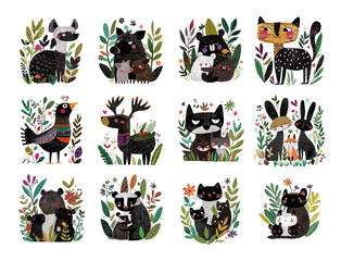 A set of cute funny wild animals in their natural habitat. A collection of forest animal illustrations isolated on white. AI-generated clip art