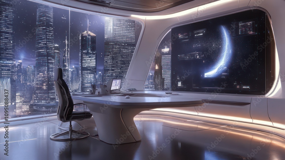 Poster futuristic office with panoramic window at night created with generative ai