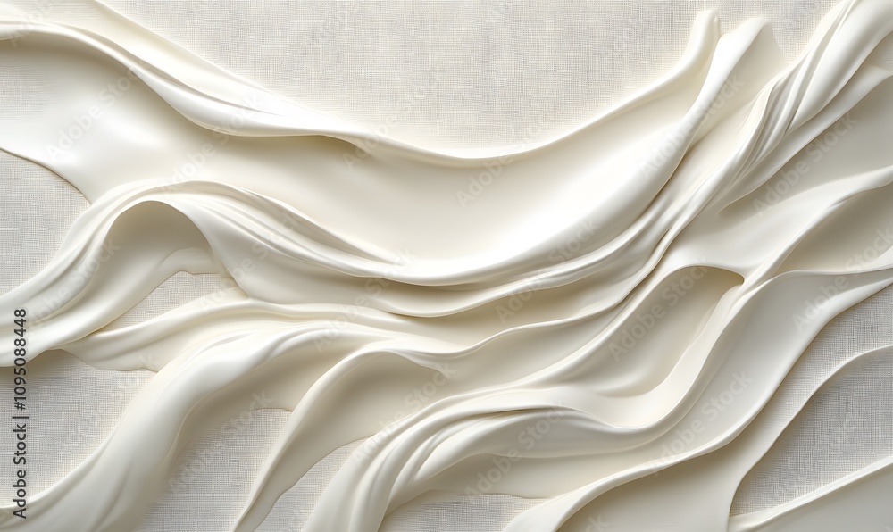 Poster flowing ribbons, cream-like texture flowing in ribbon-like streams across a soft white background