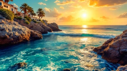 Fototapeta premium Stunning coastal scenery at sunset with rocky cliffs, palm trees, and gentle waves under a golden sky.