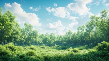 Obraz premium Lush Green Forest Landscape Under Bright Blue Sky with Fluffy White Clouds, Capturing the Serenity and Beauty of Nature in a Vibrant Scene