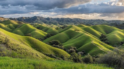 Fototapeta premium Lush Green Rolling Hills Under Cloudy Sky with Sunlight Highlights, Capturing the Serenity of Nature's Landscape and Vibrant Vegetation in a Scenic View