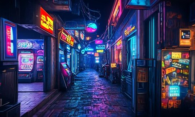 Vibrant neon-lit alleyway at night, arcade games and Asian street signs.