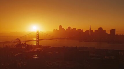 Fototapeta premium Golden Hour Over San Francisco Bay with City Skyline, Bay Bridge Silhouettes, and Vibrant Sunset Reflections Creating a Stunning Urban Landscape