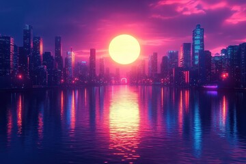 Fototapeta premium Neon Cityscape: A Sunset Over a Futuristic Skyline with Vivid Reflections