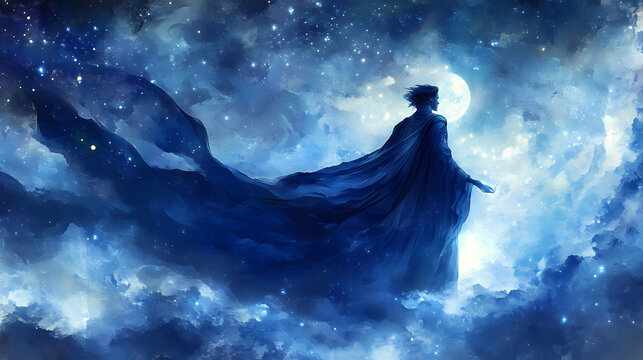 Morpheus cloaked in deep blue robes, his eyes glowing with sapphire light as he shapes dreams from the night sky. Cerulean Sky Dreams. Illustration