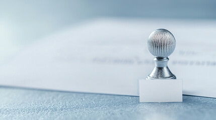 Close up of silver stamp on document, symbolizing approval and authority. image conveys sense of professionalism and formality in official processes