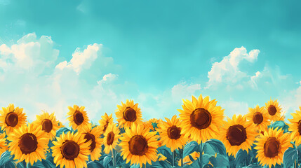 Fototapeta premium Minimalist panoramic design featuring a blend of yellow and sky blue sunflowers. Cerulean Sky Dreams. Illustration