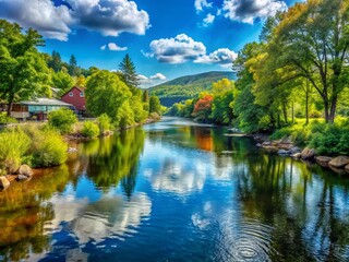 Serene View of the Deerfield River in Shelburne Falls, Massachusetts with Lush Greenery and a Tranquil Atmosphere, Perfect for Nature Lovers and Scenic Landscapes