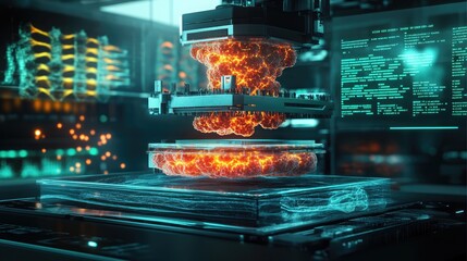 A futuristic bioprinter creating bioengineered tissues from genetically modified cells. The printer's glowing layers show the complex cellular structures being assembled.