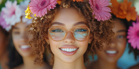 Obraz premium A cheerful group enjoys a sunny day, adorned with bright flower crowns, laughing together, and sharing joyful memories in a lively outdoor setting