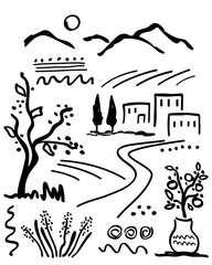 Modern abstract monochrome poster wall art Mediterranean rural landscape, orange tree, olives, farmer's field, houses, cypress trees, bushes, mountains on the horizon. hand drawn black brush outline
