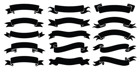 Set of ribbon banners, black silhouettes, vintage design elements, scrolls and ribbons, retro style graphics, decorative labels, curved banners
