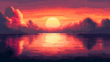 Pixel art of the setting sun reflecting on an ocean, with red and orange colors, in a simple 8-bit style