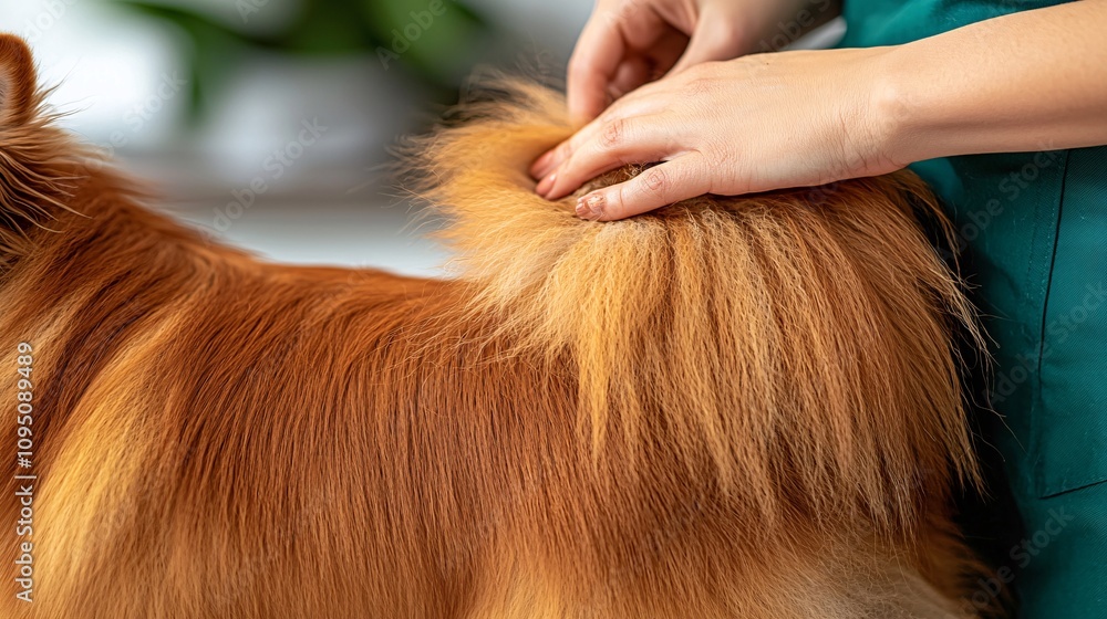 Poster dog wagging its tail while receiving attention from a caring veterinarian in a warm clinic stock pho