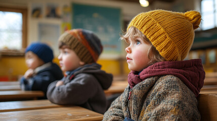 Fototapeta premium Children attentively listening in a cozy classroom during a winter morning learning session