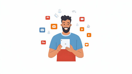 Illustration - Man Using Tablet Social Media Email Video