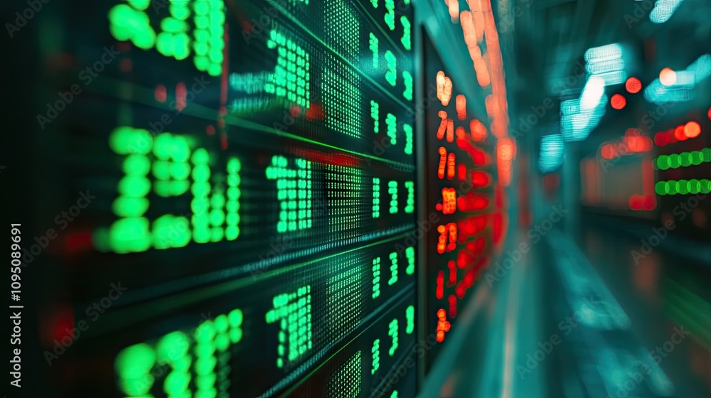 Aufkleber close-up of digital stock market display showing green and red price fluctuations on led screen in d