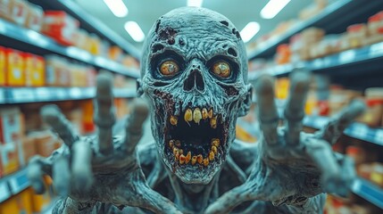 A terrifying zombie with glowing eyes and decayed features reaches out menacingly from the shadows of a grocery store, creating a chilling atmosphere