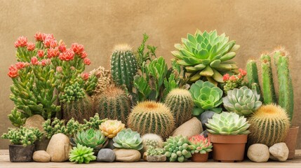 A vibrant display of various cacti and succulents arranged artistically, showcasing their unique shapes and colors against a warm, neutral background.